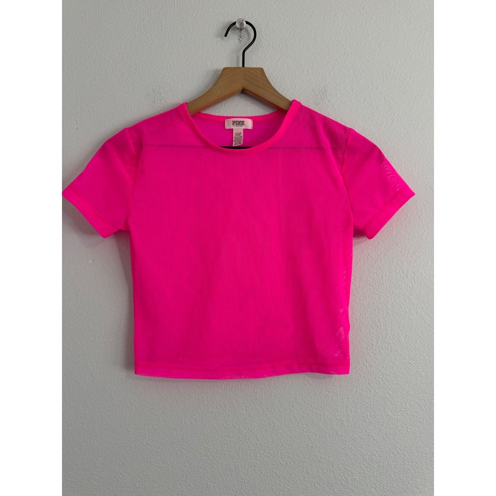 Victoria's Secret Pink -‎ Neon Pink Sheer Mesh Cropped Tee Size Small